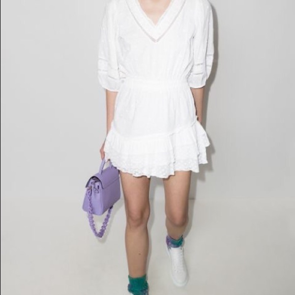 LoveShackFancy Consuela Mini Dress LARGE White Lacey Ruffle Open Back Cotton